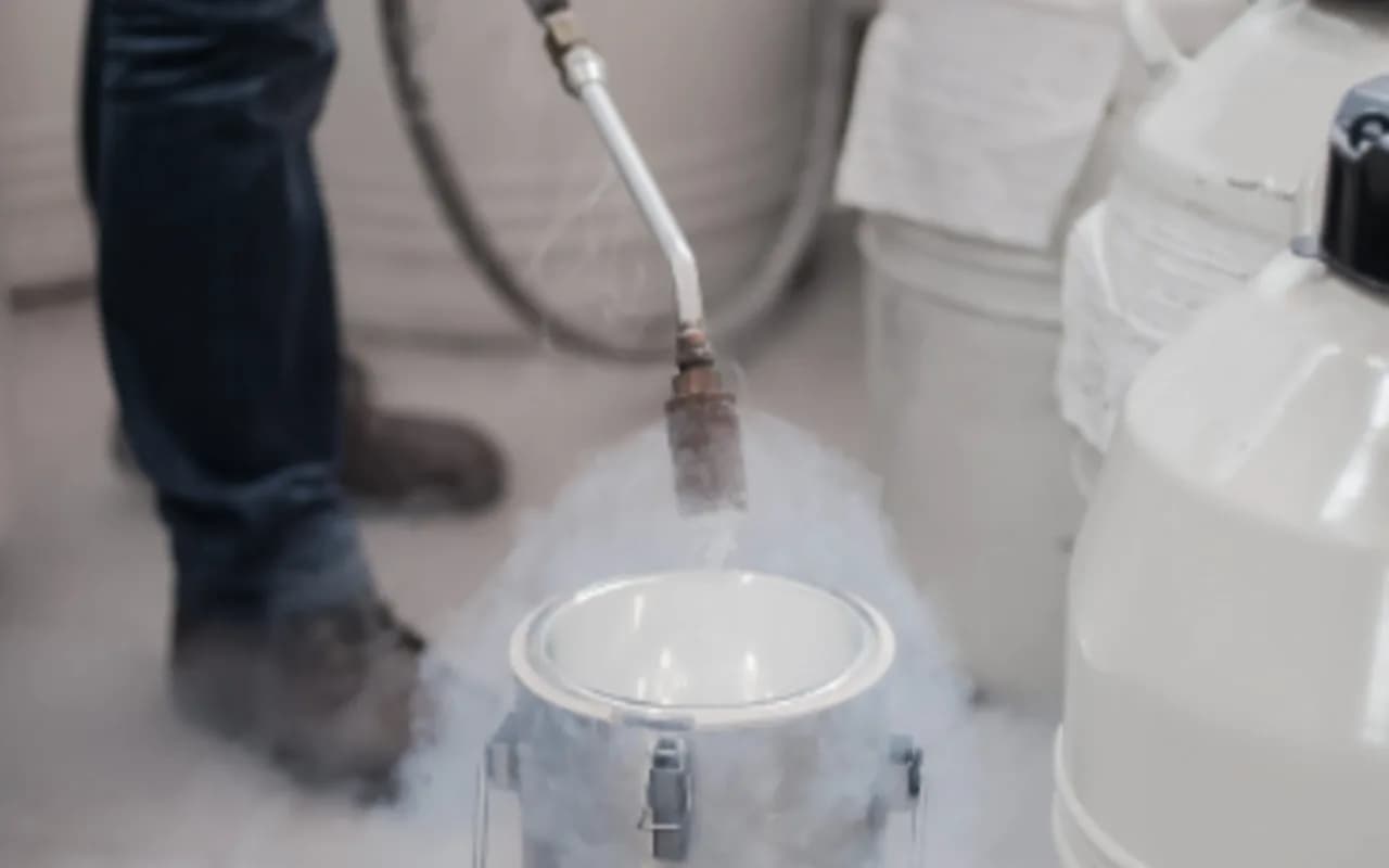 Nettoyage cryogénique : projection de glace carbonique avec dégagement de givre sur un équipement industriel.