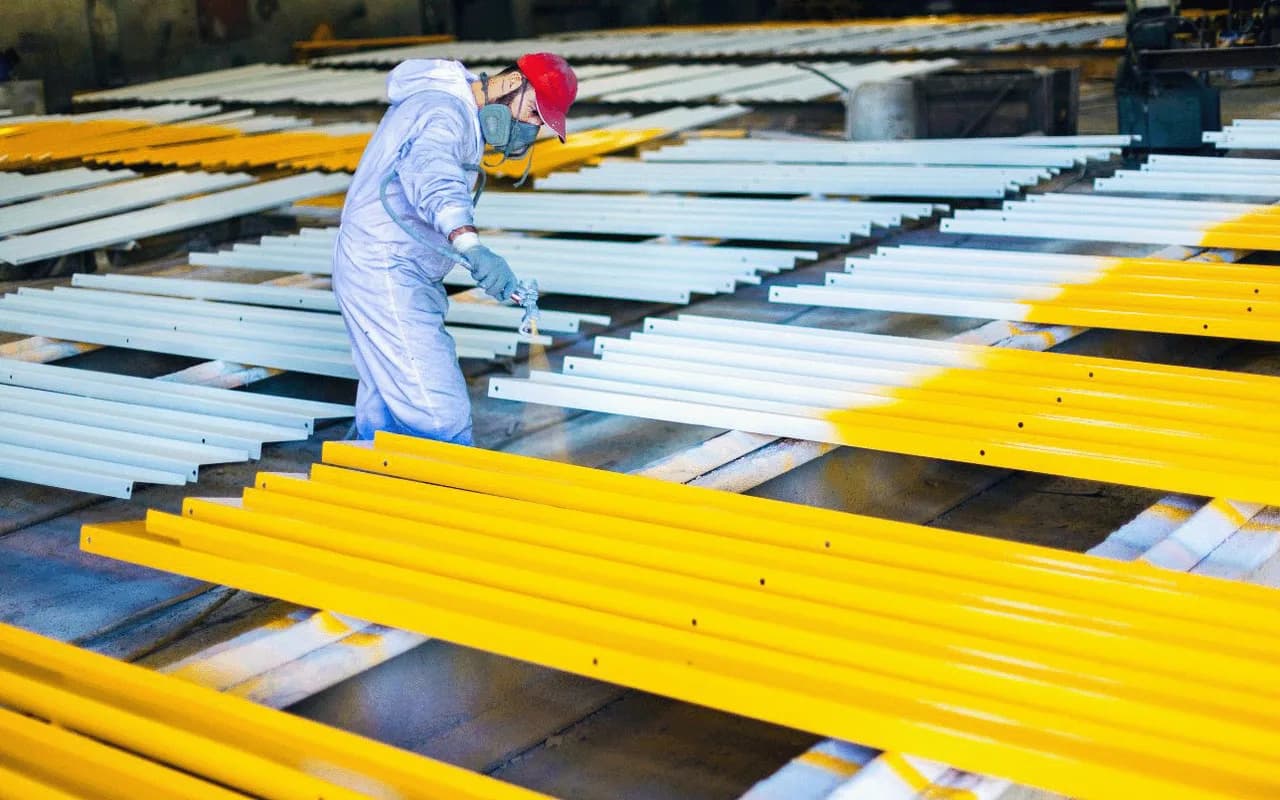Application de peinture industrielle anticorrosion sur des profilés métalliques par les équipes A2Z Synergy Industries.